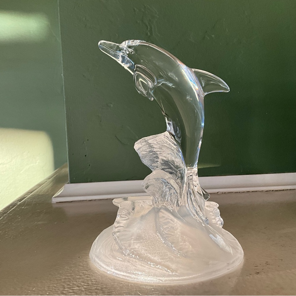 Clear and Frosted Glass Dolphin in the Waves Sculpture Figurine